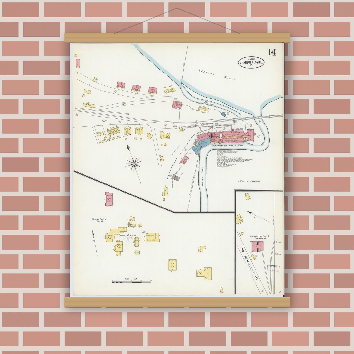 Old map wall art mockup — magnetic wood frame on brick wall — Sanborn Fire Insurance Map from Charlottesville, Independent Cities, Virginia (1902), Sheet #0014