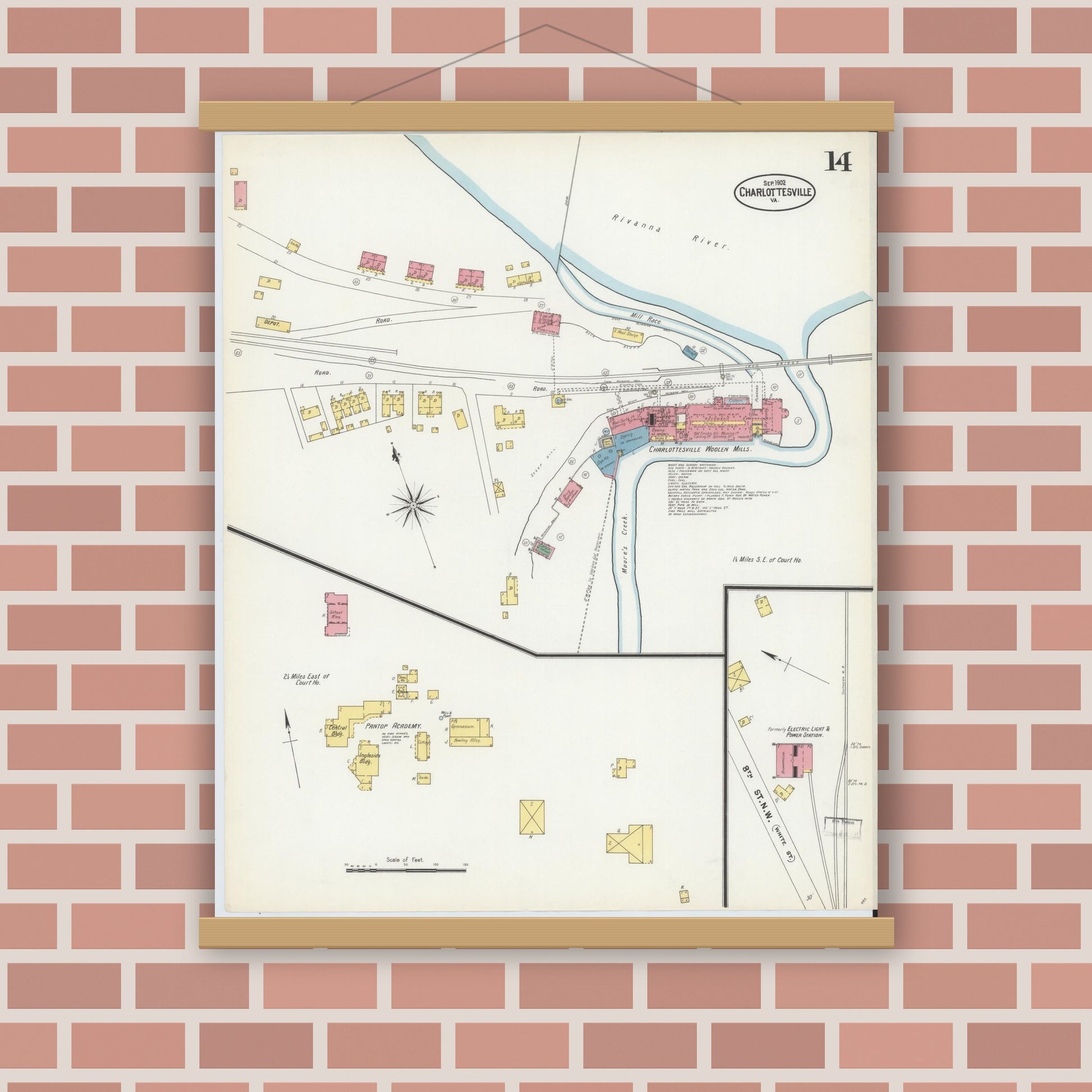 Old map wall art mockup — magnetic wood frame on brick wall — Sanborn Fire Insurance Map from Charlottesville, Independent Cities, Virginia (1902), Sheet #0014