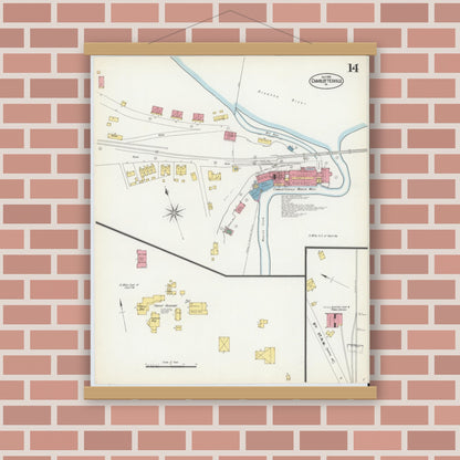 Old map wall art mockup — magnetic wood frame on brick wall — Sanborn Fire Insurance Map from Charlottesville, Independent Cities, Virginia (1902), Sheet #0014