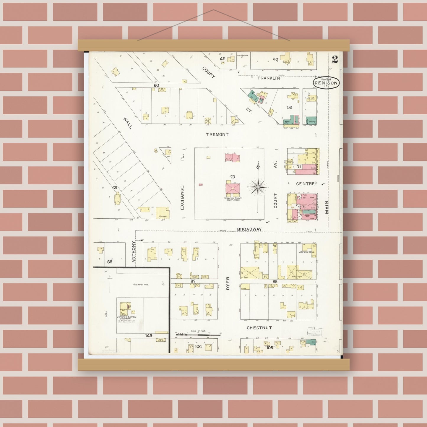Old map wall art mockup — magnetic wood frame on brick wall — Sanborn Fire Insurance Map from Denison, Crawford County, Iowa (1893), Sheet #0002