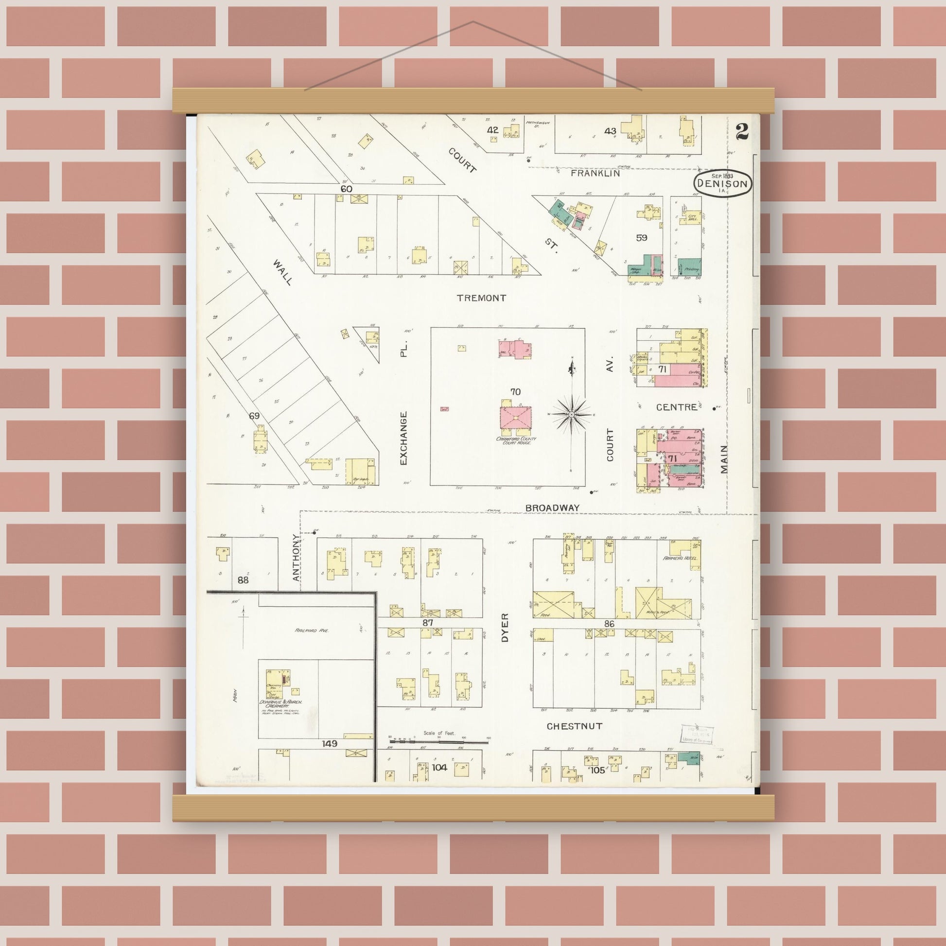 Old map wall art mockup — magnetic wood frame on brick wall — Sanborn Fire Insurance Map from Denison, Crawford County, Iowa (1893), Sheet #0002