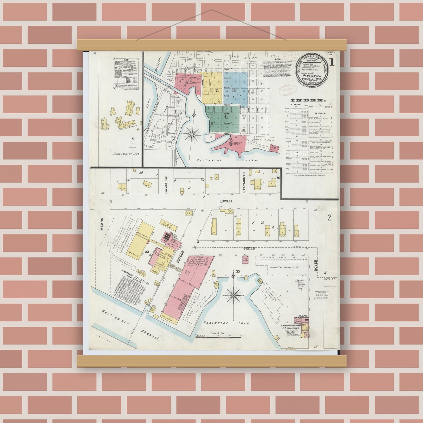 Old map wall art mockup — magnetic wood frame on brick wall — Sanborn Fire Insurance Map from Pentwater, Oceana County, Michigan (1899) - Complete Map Set