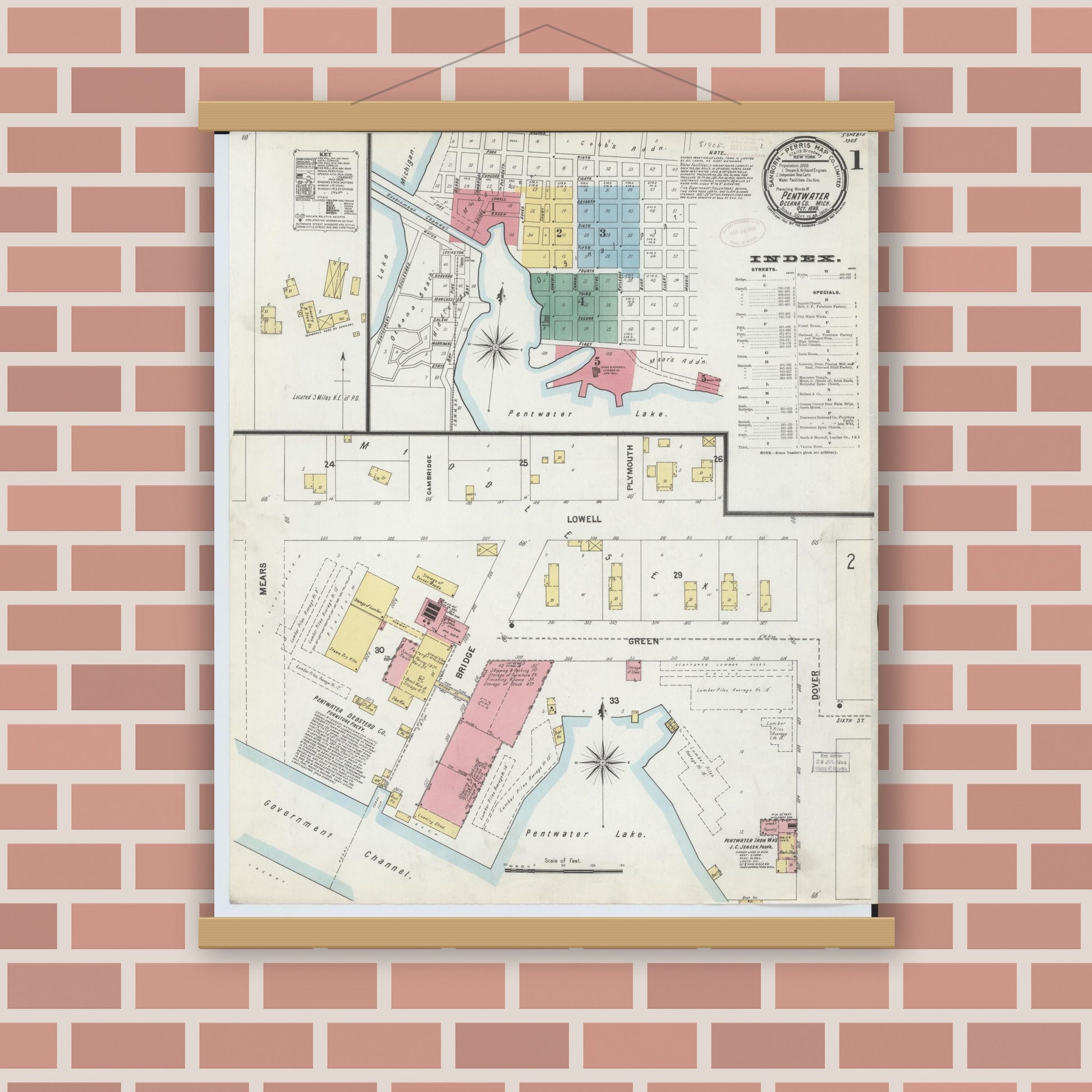 Old map wall art mockup — magnetic wood frame on brick wall — Sanborn Fire Insurance Map from Pentwater, Oceana County, Michigan (1899) - Complete Map Set