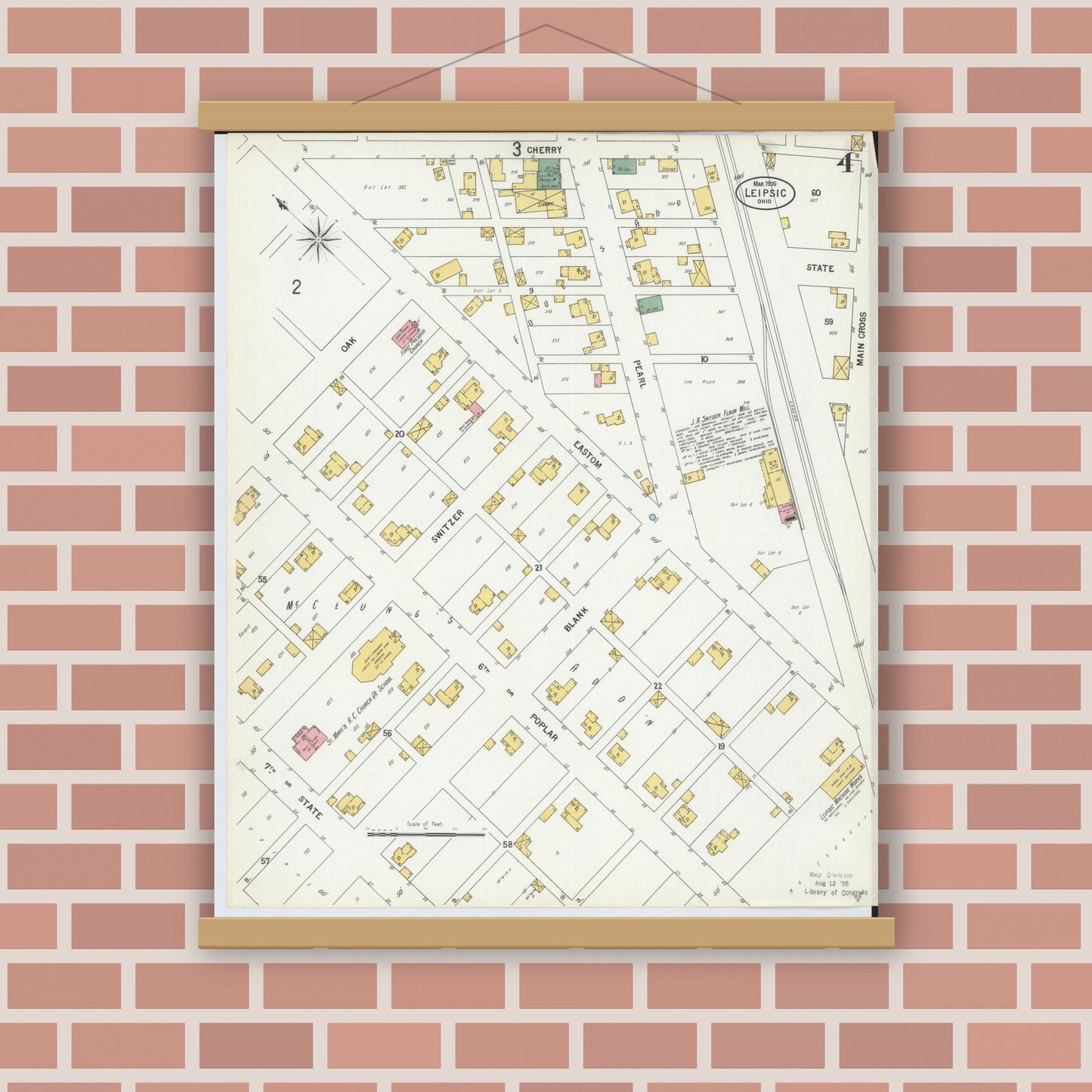 Old map wall art mockup — magnetic wood frame on brick wall — Sanborn Fire Insurance Map from Leipsic, Putnam County, Ohio (1900), Sheet #0004
