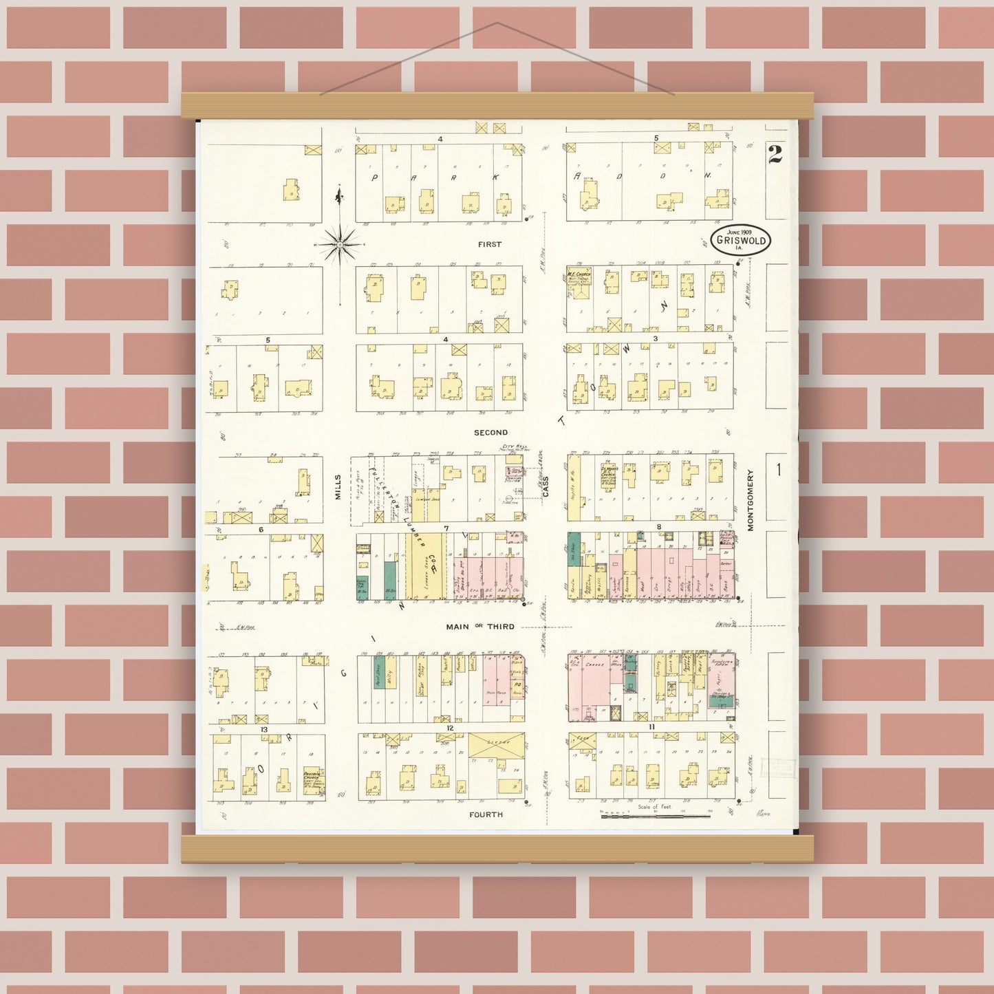 Old map wall art mockup — magnetic wood frame on brick wall — Sanborn Fire Insurance Map from Griswold, Cass County, Iowa (1909), Sheet #0002