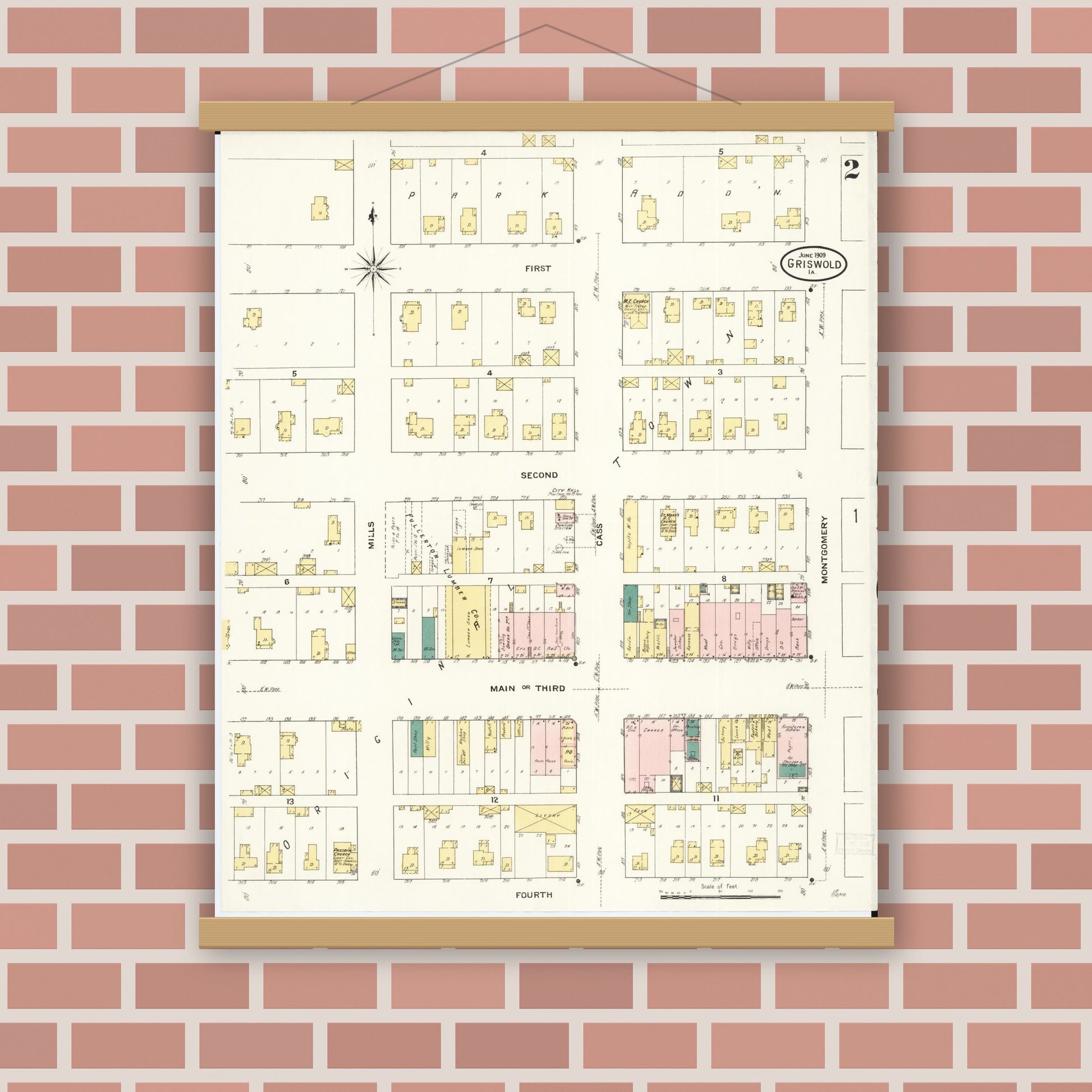 Old map wall art mockup — magnetic wood frame on brick wall — Sanborn Fire Insurance Map from Griswold, Cass County, Iowa (1909), Sheet #0002