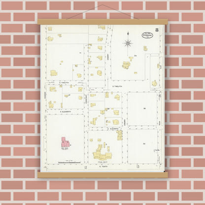Old map wall art mockup — magnetic wood frame on brick wall — Sanborn Fire Insurance Map from Bonham, Fannin County, Texas (1909), Sheet #0008