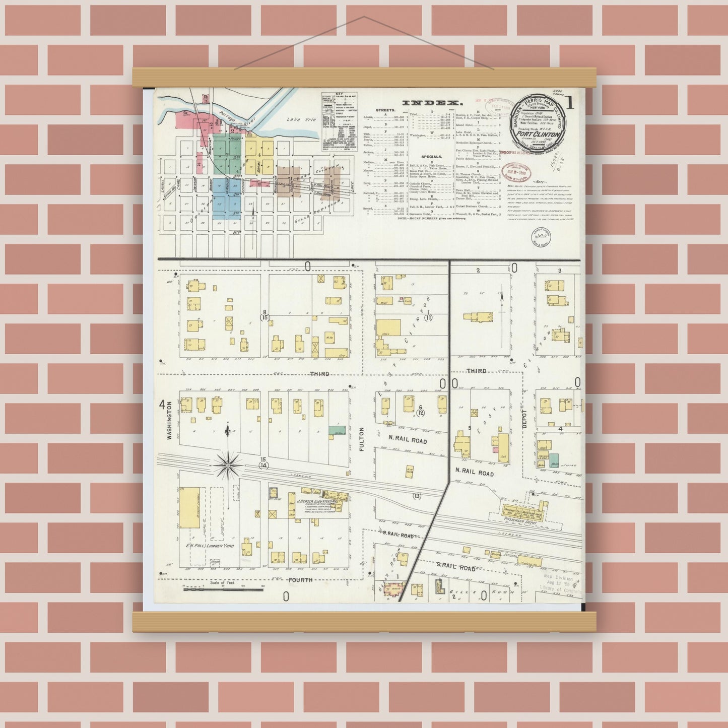 Old map wall art mockup — magnetic wood frame on brick wall — Sanborn Fire Insurance Map from Port Clinton, Ottawa County, Ohio (1898), Sheet #0001