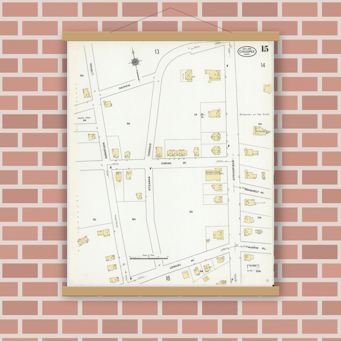 Old map wall art mockup — magnetic wood frame on brick wall — Sanborn Fire Insurance Map from Chicopee, Hampden County, Massachusetts (1910), Sheet #0015