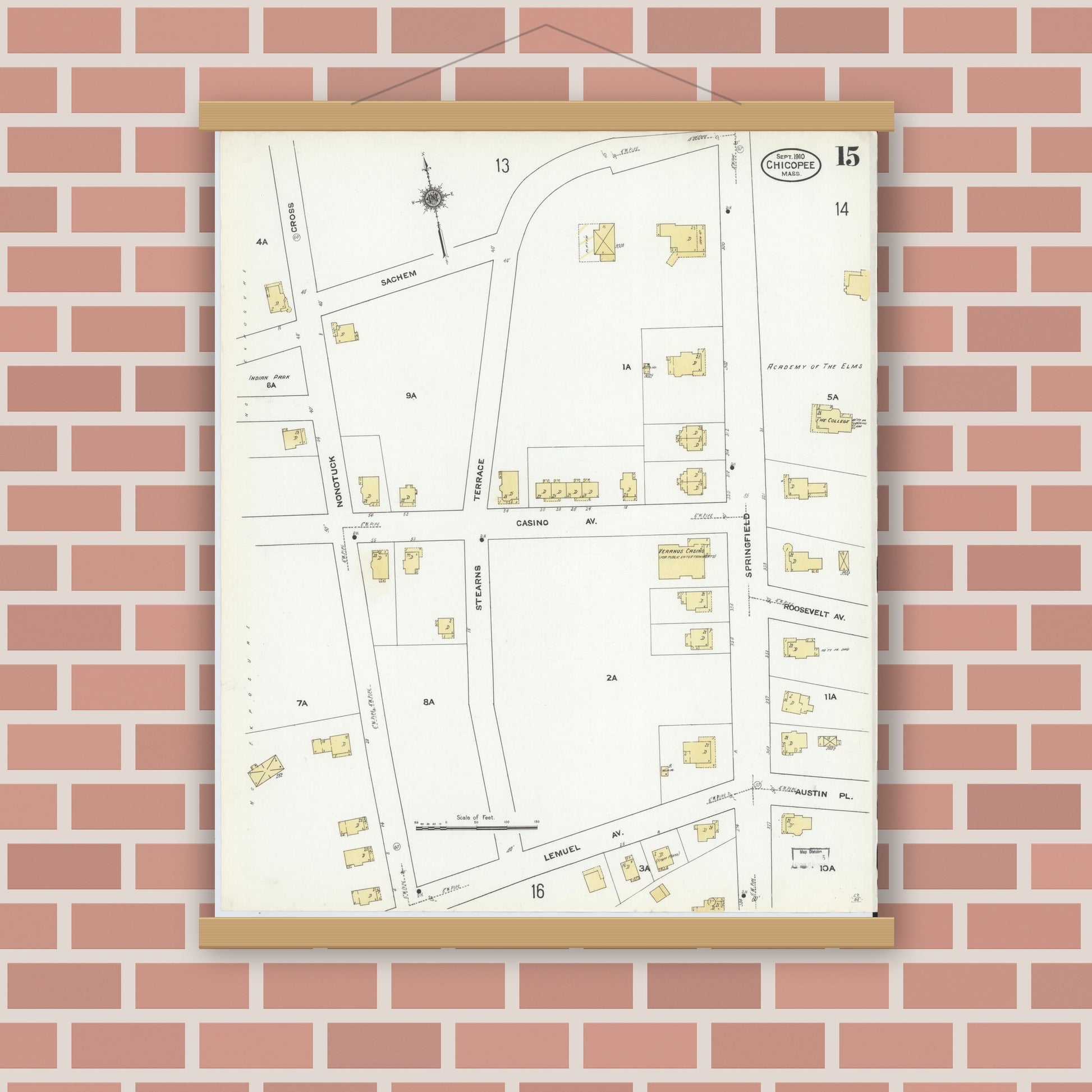 Old map wall art mockup — magnetic wood frame on brick wall — Sanborn Fire Insurance Map from Chicopee, Hampden County, Massachusetts (1910), Sheet #0015