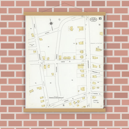 Old map wall art mockup — magnetic wood frame on brick wall — Sanborn Fire Insurance Map from Chicopee, Hampden County, Massachusetts (1910), Sheet #0015