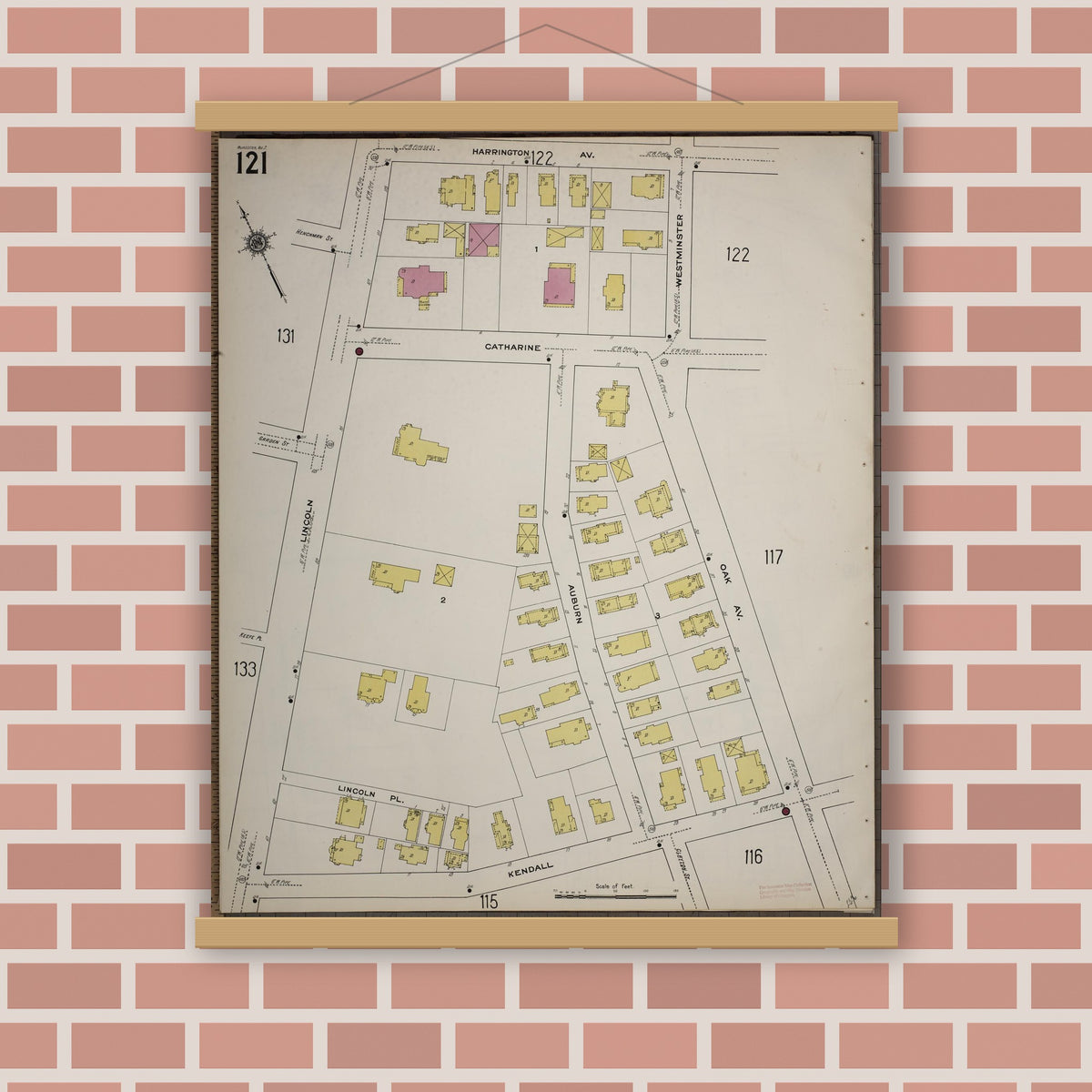 Old map wall art mockup — magnetic wood frame on brick wall — Sanborn Fire Insurance Map from Worcester, Worcester County, Massachusetts (1910), Sheet #0121
