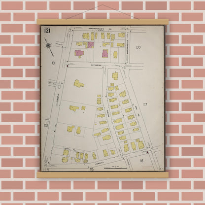 Old map wall art mockup — magnetic wood frame on brick wall — Sanborn Fire Insurance Map from Worcester, Worcester County, Massachusetts (1910), Sheet #0121