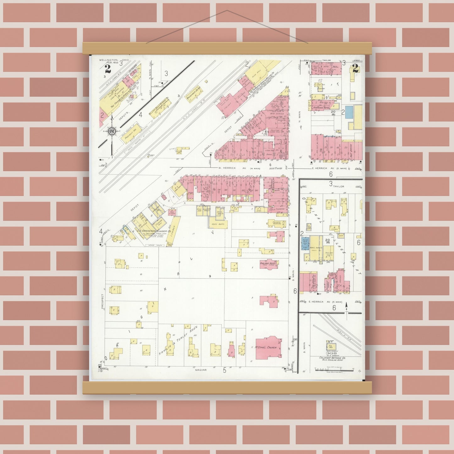 Old map wall art mockup — magnetic wood frame on brick wall — Sanborn Fire Insurance Map from Wellington, Lorain County, Ohio (1933), Sheet #0002