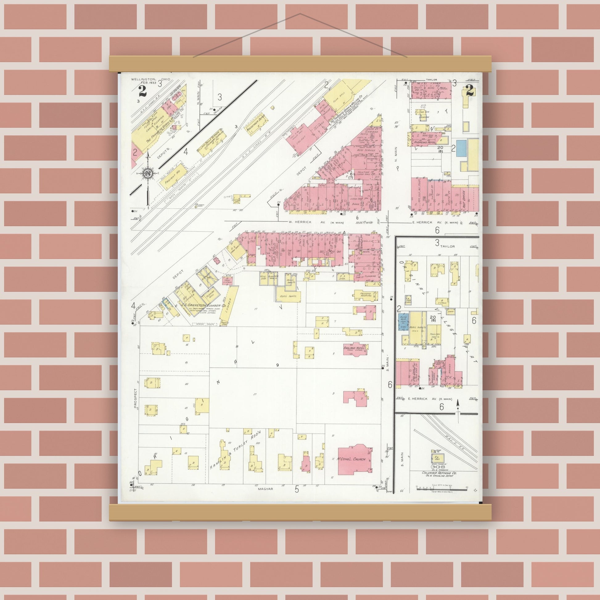Old map wall art mockup — magnetic wood frame on brick wall — Sanborn Fire Insurance Map from Wellington, Lorain County, Ohio (1933), Sheet #0002