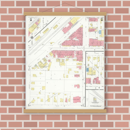 Old map wall art mockup — magnetic wood frame on brick wall — Sanborn Fire Insurance Map from Wellington, Lorain County, Ohio (1933), Sheet #0002