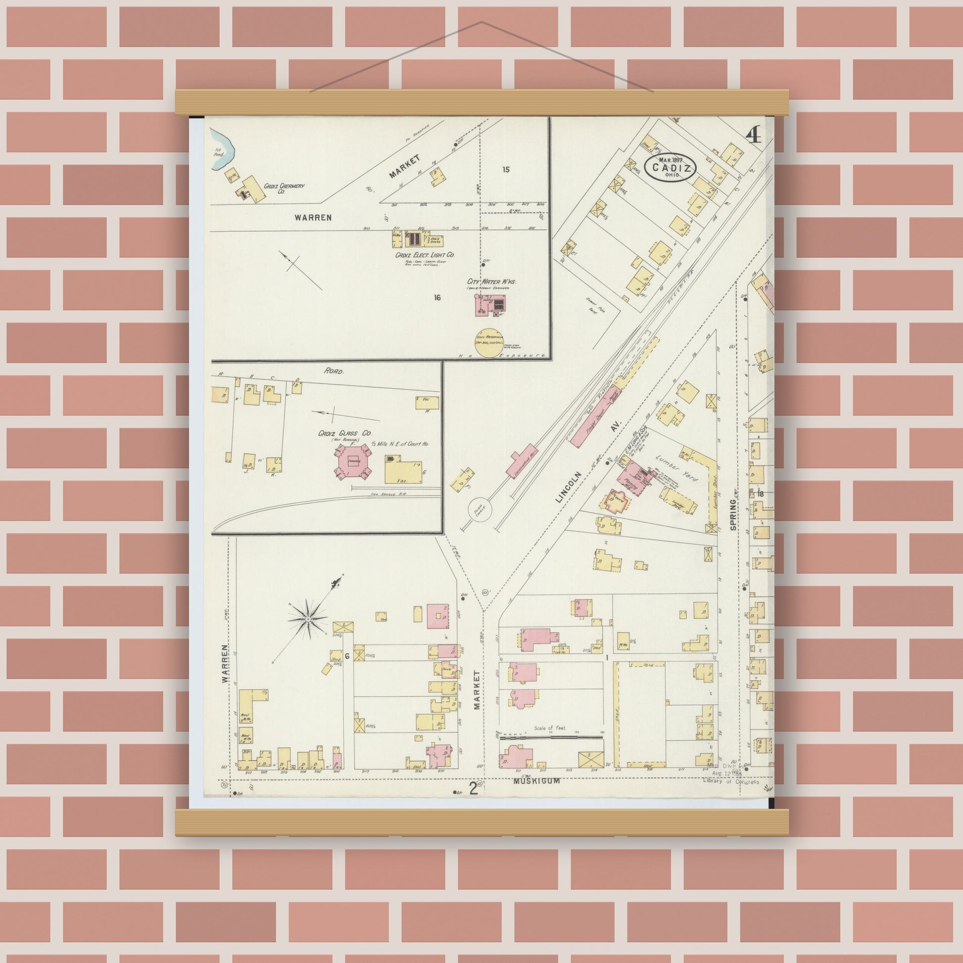Old map wall art mockup — magnetic wood frame on brick wall — Sanborn Fire Insurance Map from Cadiz, Harrison County, Ohio (1897), Sheet #0004