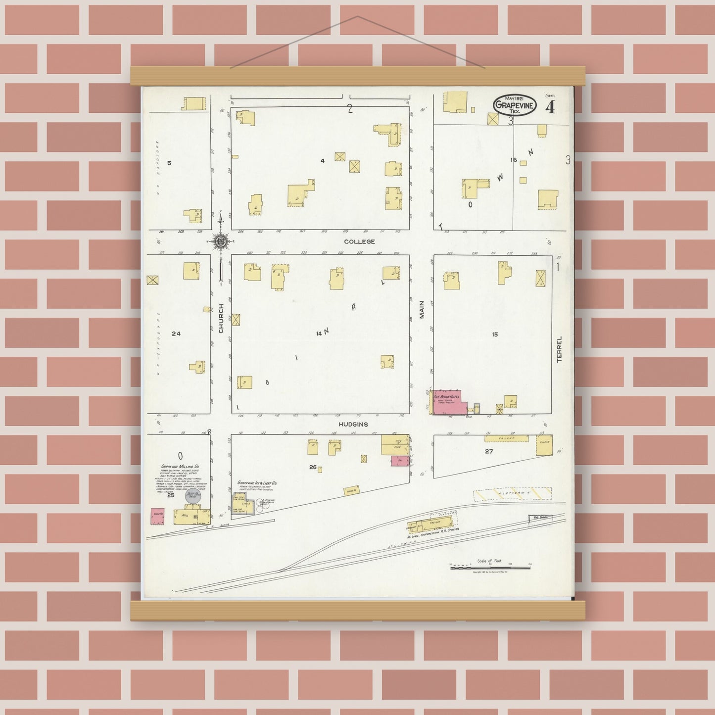 Old map wall art mockup — magnetic wood frame on brick wall — Sanborn Fire Insurance Map from Grapevine, Tarrant County, Texas (1921), Sheet #0004