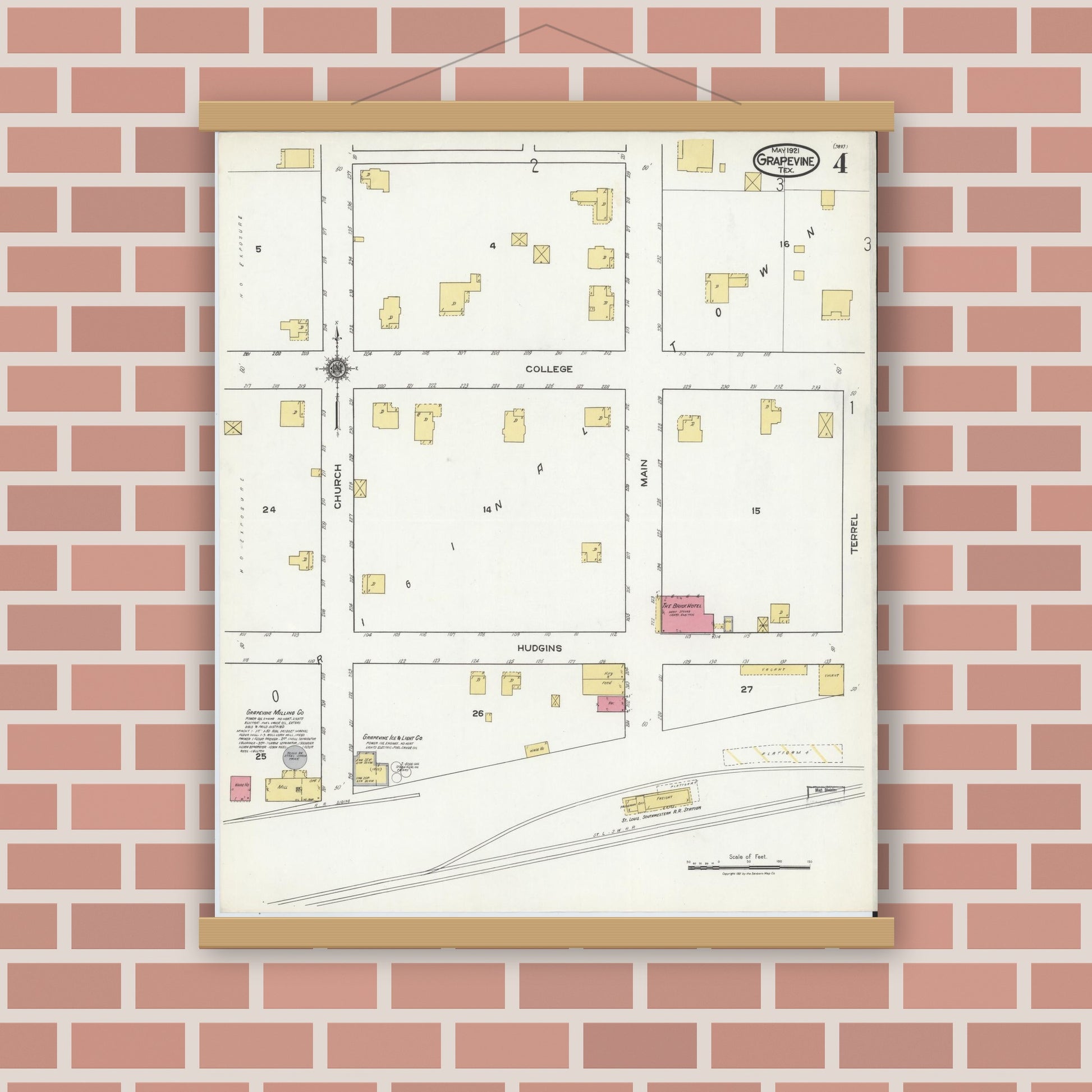 Old map wall art mockup — magnetic wood frame on brick wall — Sanborn Fire Insurance Map from Grapevine, Tarrant County, Texas (1921), Sheet #0004