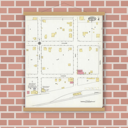 Old map wall art mockup — magnetic wood frame on brick wall — Sanborn Fire Insurance Map from Grapevine, Tarrant County, Texas (1921), Sheet #0004