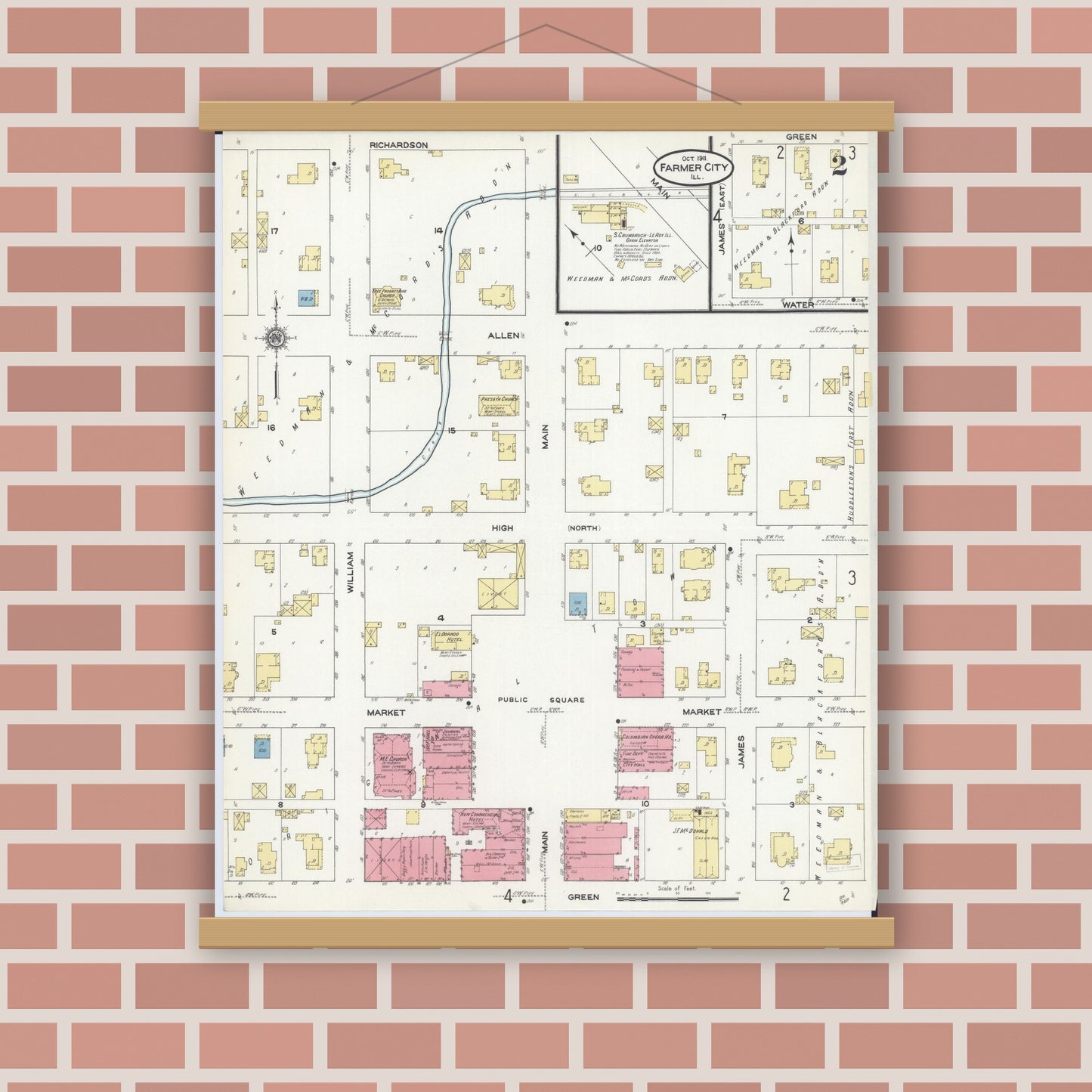 Old map wall art mockup — magnetic wood frame on brick wall — Sanborn Fire Insurance Map from Farmer City, De Witt County, Illinois (1911), Sheet #0002