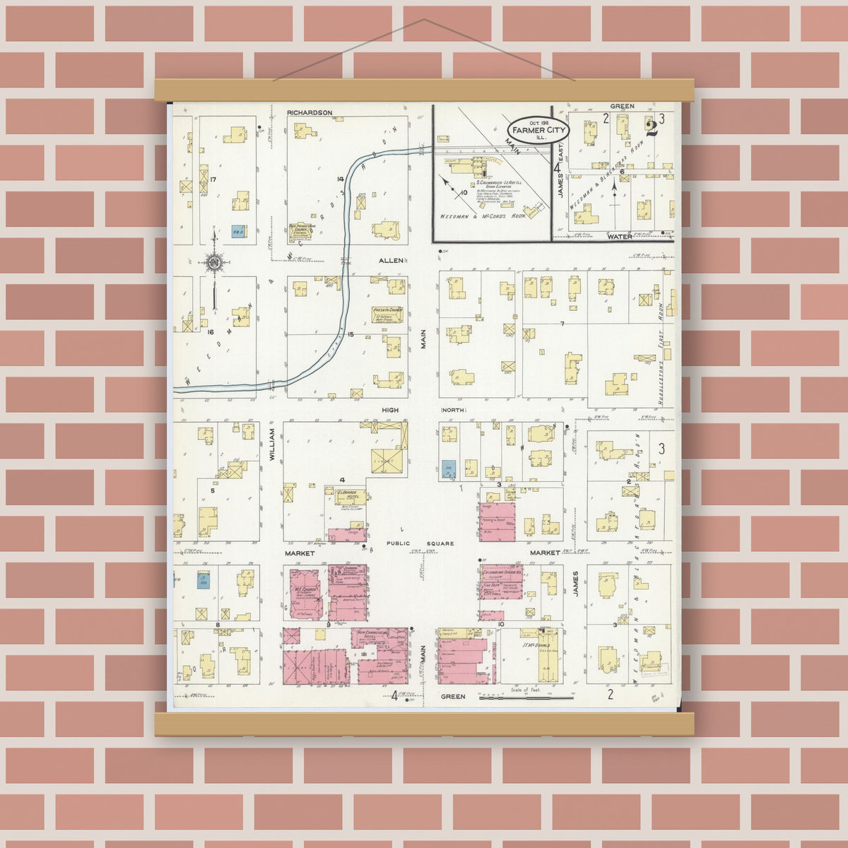 Old map wall art mockup — magnetic wood frame on brick wall — Sanborn Fire Insurance Map from Farmer City, De Witt County, Illinois (1911), Sheet #0002