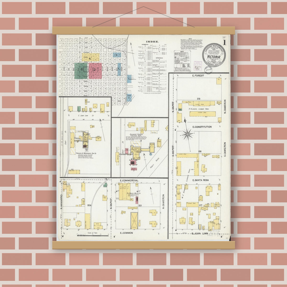 Old map wall art mockup — magnetic wood frame on brick wall — Sanborn Fire Insurance Map from Victoria, Victoria County, Texas (1902) - Complete Map Set