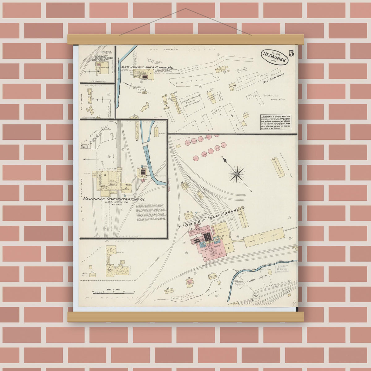 Old map wall art mockup — magnetic wood frame on brick wall — Sanborn Fire Insurance Map from Negaunee, Marquette County, Michigan (1884), Sheet #0005