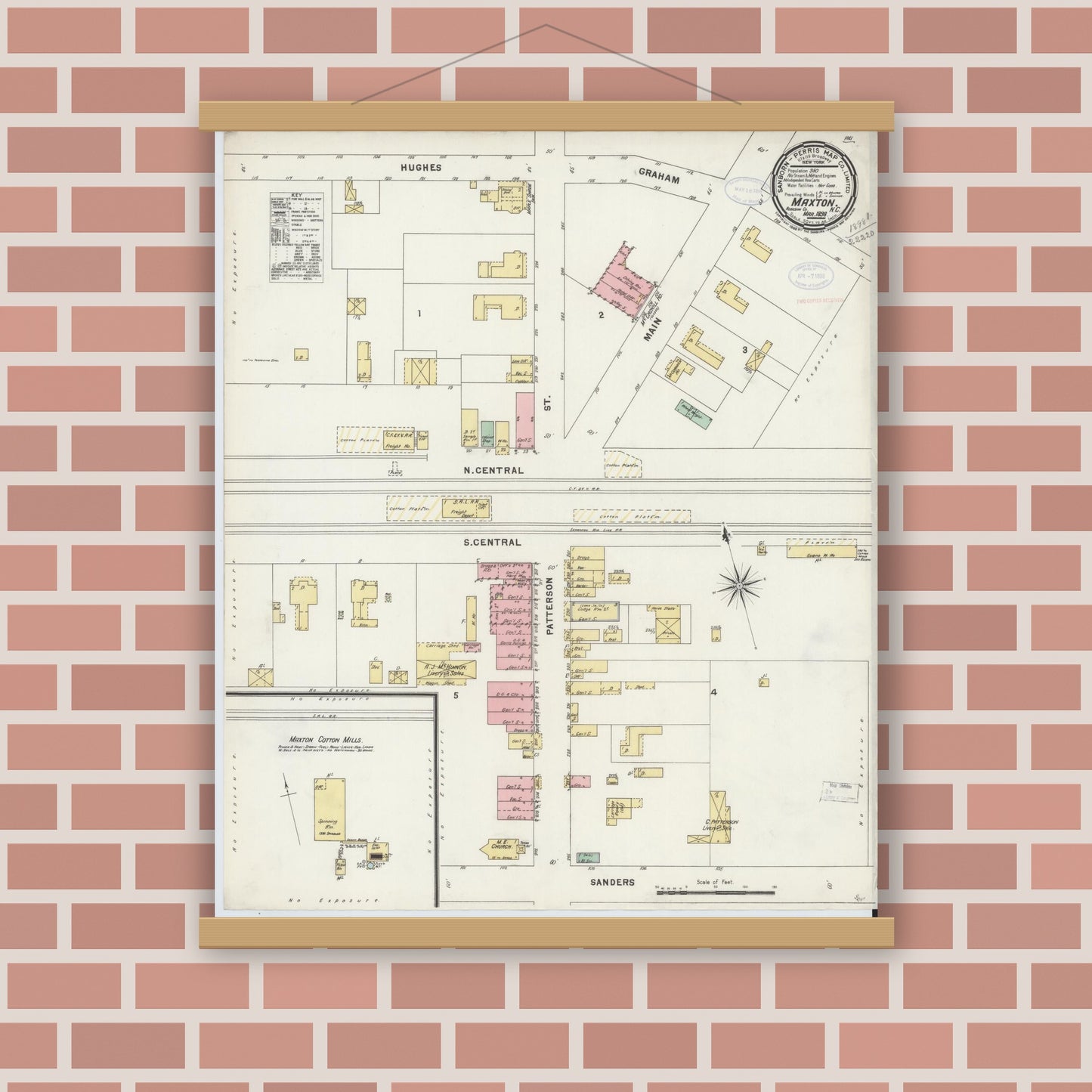 Old map wall art mockup — magnetic wood frame on brick wall — Sanborn Fire Insurance Map from Maxton, Robeson County, North Carolina (1898), Sheet #0001
