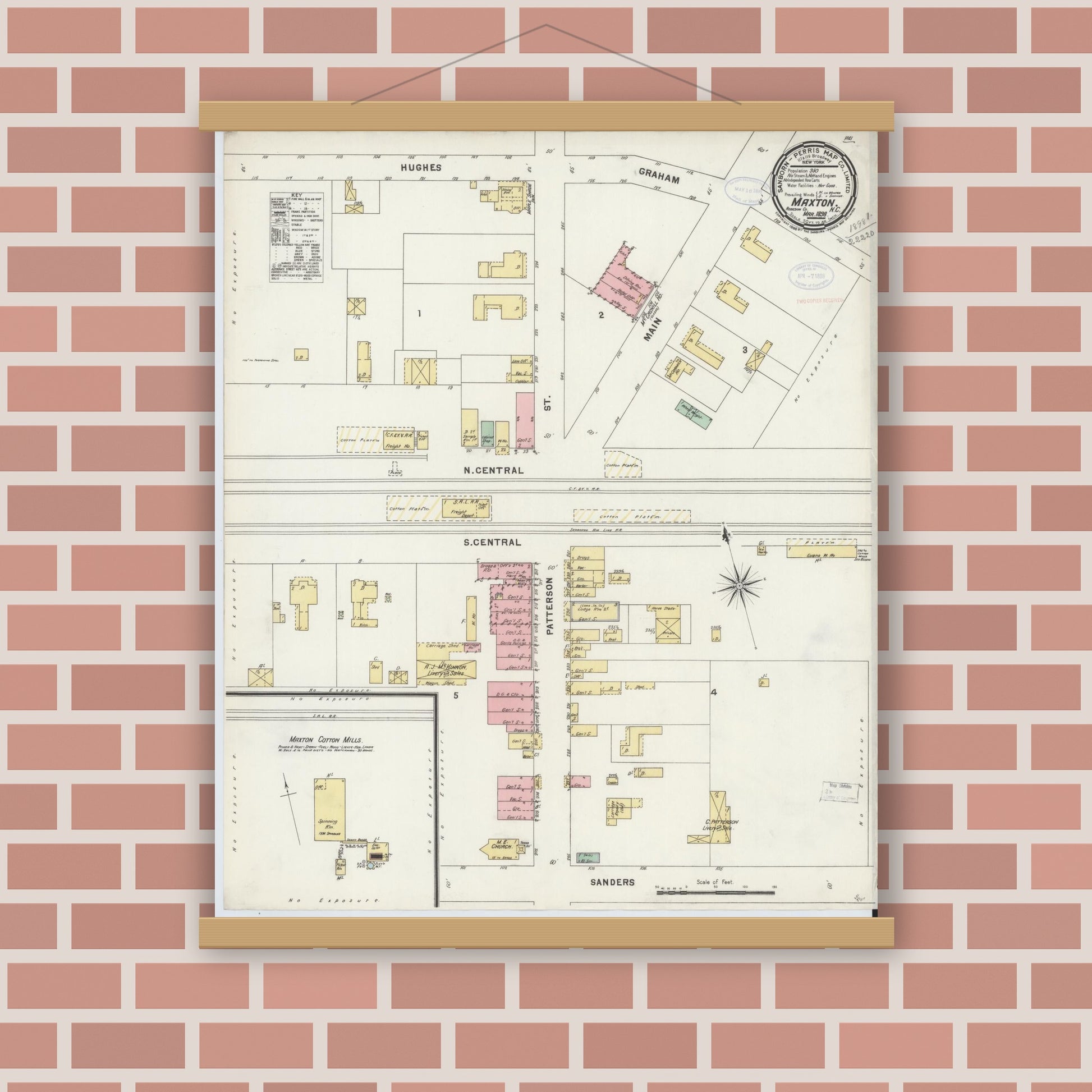 Old map wall art mockup — magnetic wood frame on brick wall — Sanborn Fire Insurance Map from Maxton, Robeson County, North Carolina (1898), Sheet #0001