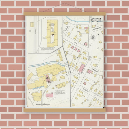 Old map wall art mockup — magnetic wood frame on brick wall — Sanborn Fire Insurance Map from Warren, Warren County, Pennsylvania (1892), Sheet #0007