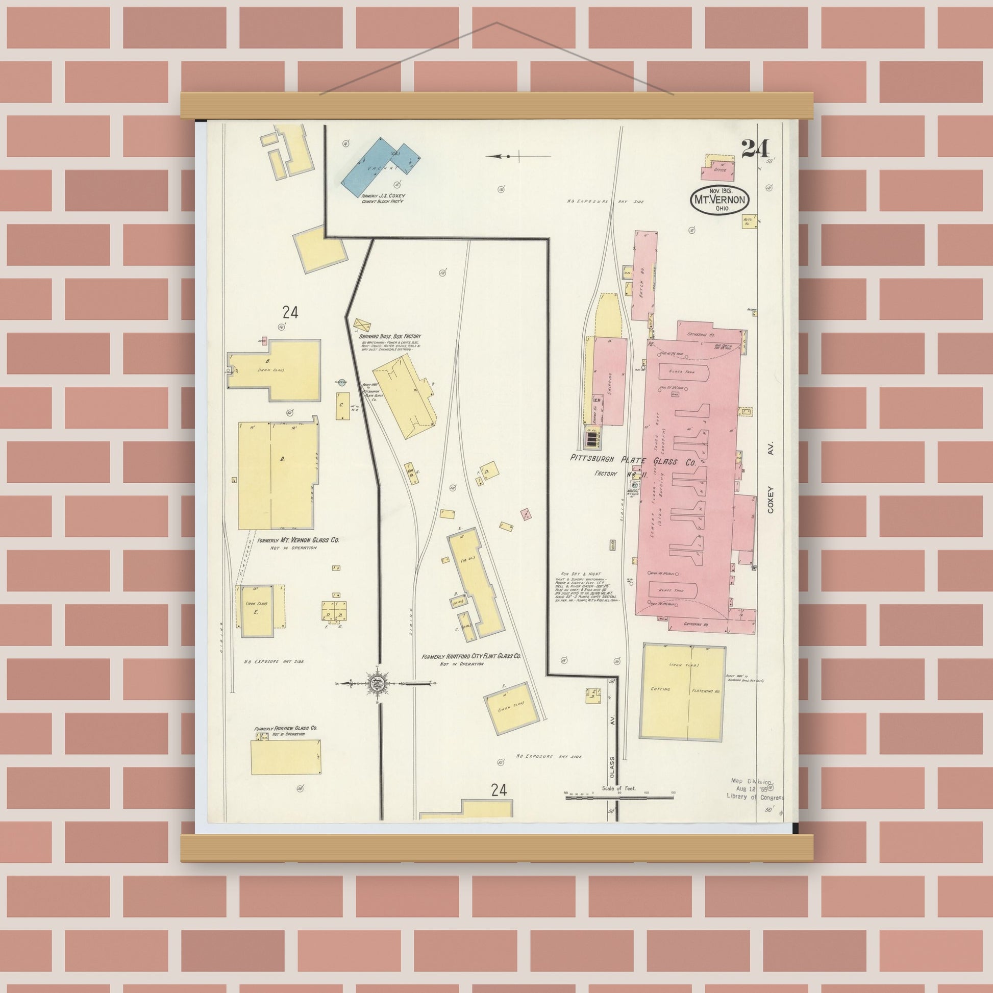 Old map wall art mockup — magnetic wood frame on brick wall — Sanborn Fire Insurance Map from Mount Vernon, Knox County, Ohio (1913), Sheet #0024