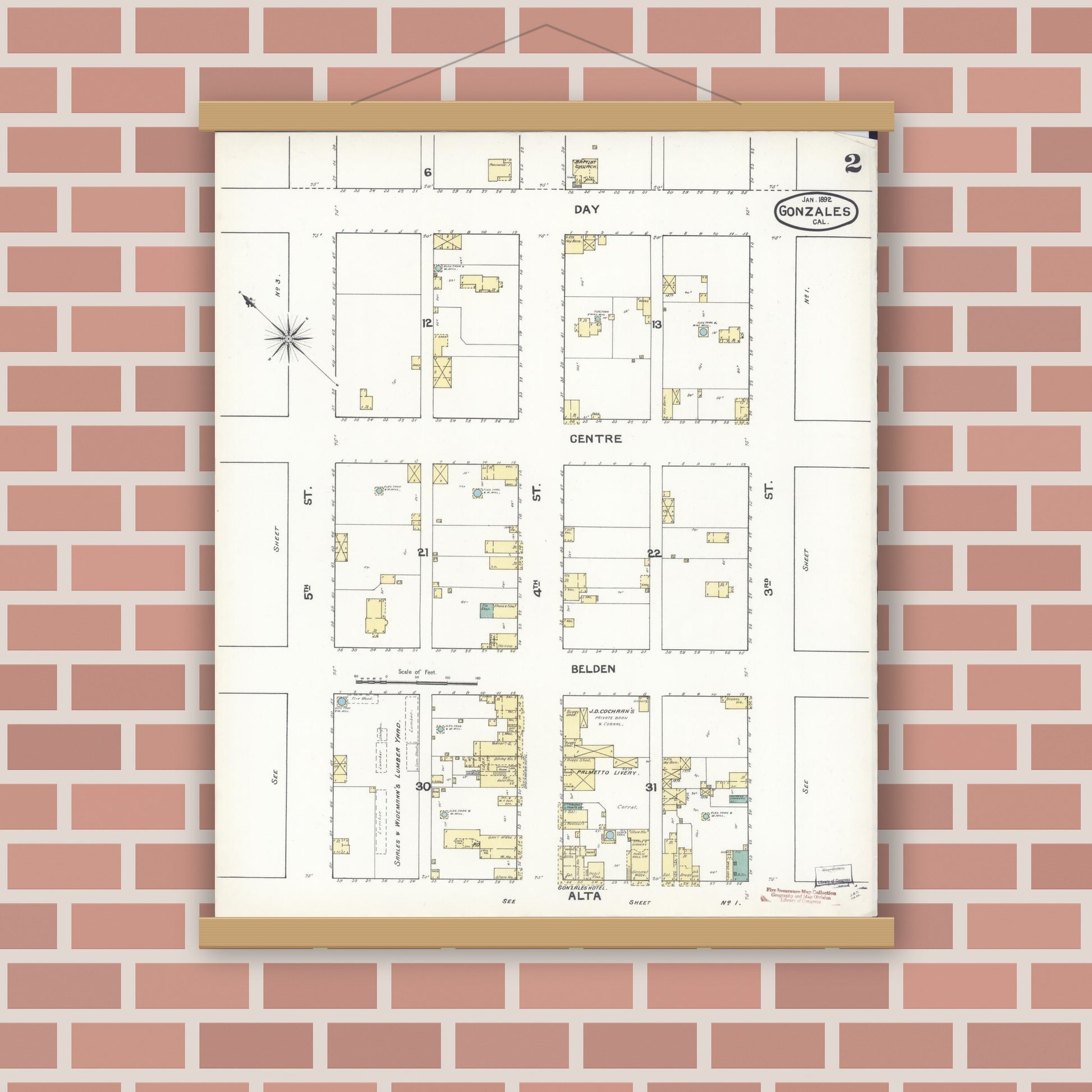Old map wall art mockup — magnetic wood frame on brick wall — Sanborn Fire Insurance Map from Gonzales, Monterey County, California (1892), Sheet #0002