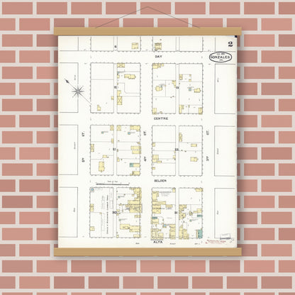 Old map wall art mockup — magnetic wood frame on brick wall — Sanborn Fire Insurance Map from Gonzales, Monterey County, California (1892), Sheet #0002
