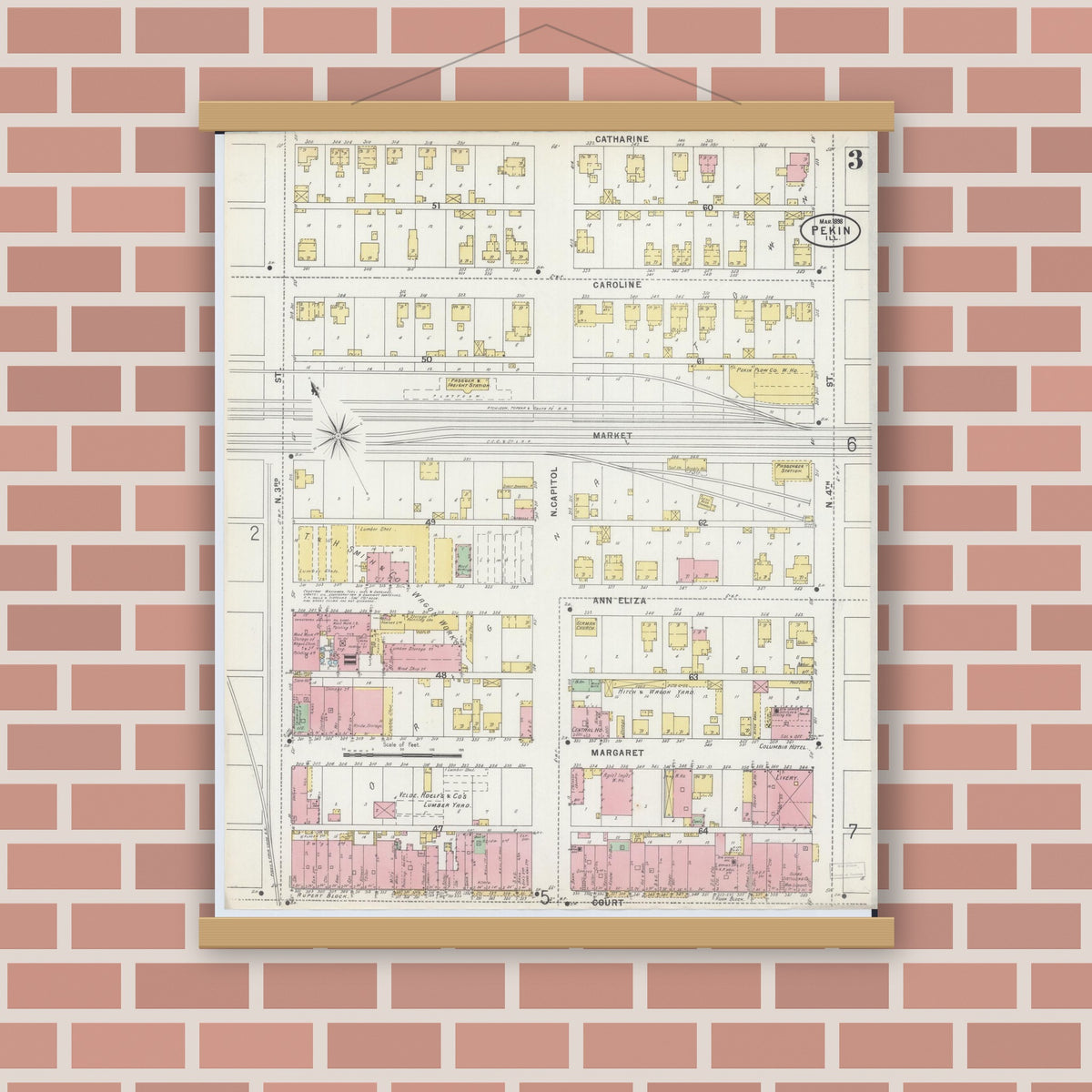 Old map wall art mockup — magnetic wood frame on brick wall — Sanborn Fire Insurance Map from Pekin, Tazewell County, Illinois (1898), Sheet #0003