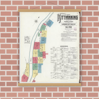 Old map wall art mockup — magnetic wood frame on brick wall — Sanborn Fire Insurance Map from Kittanning, Armstrong County, Pennsylvania (1909) - Complete Map Set