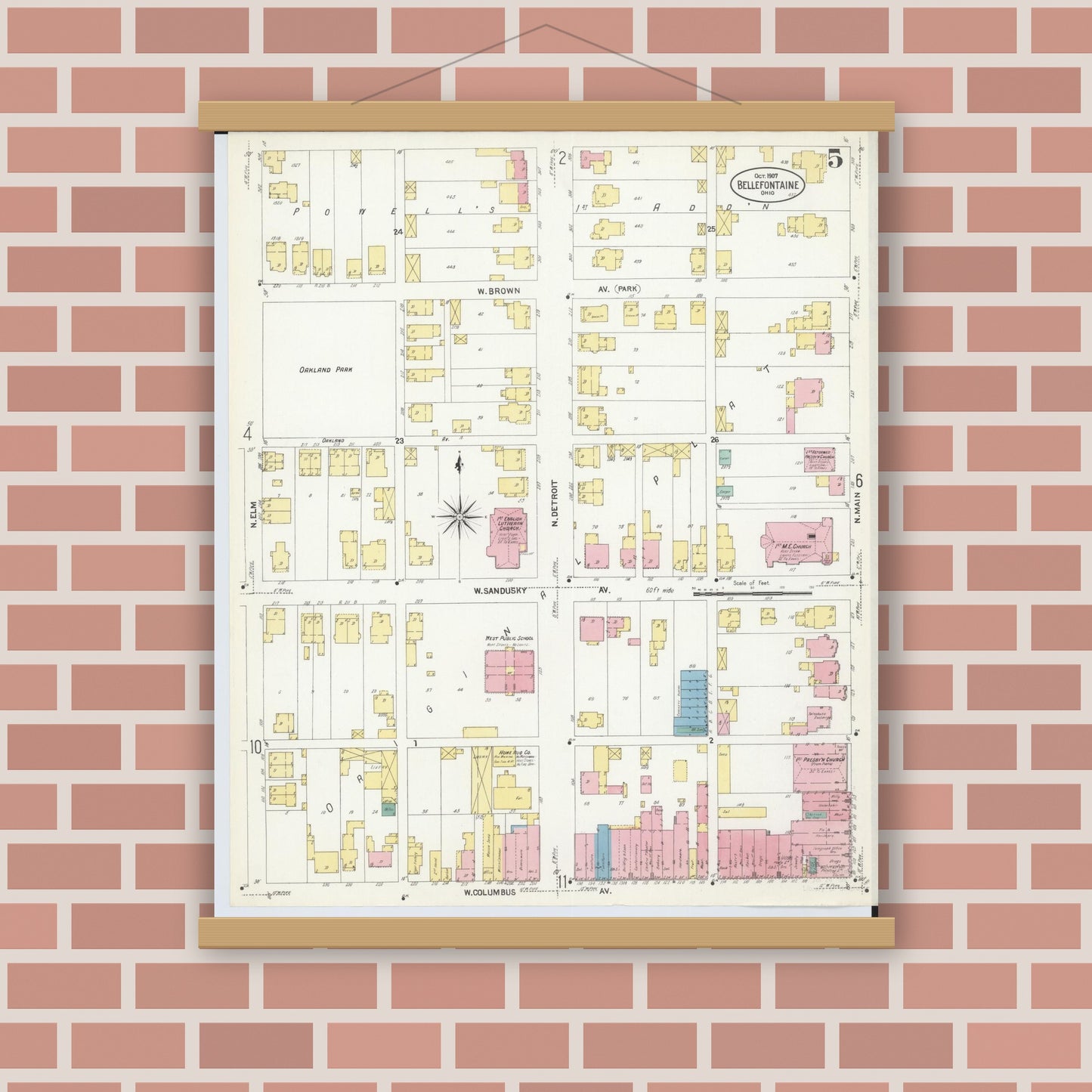 Old map wall art mockup — magnetic wood frame on brick wall — Sanborn Fire Insurance Map from Bellefontaine, Logan County, Ohio (1907), Sheet #0005