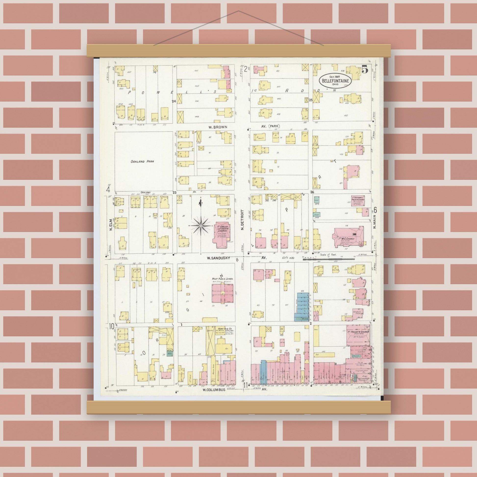 Old map wall art mockup — magnetic wood frame on brick wall — Sanborn Fire Insurance Map from Bellefontaine, Logan County, Ohio (1907), Sheet #0005
