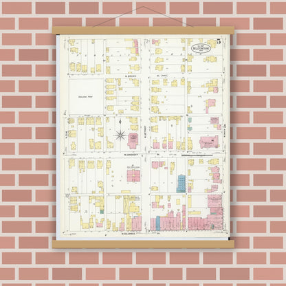 Old map wall art mockup — magnetic wood frame on brick wall — Sanborn Fire Insurance Map from Bellefontaine, Logan County, Ohio (1907), Sheet #0005