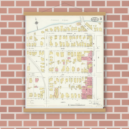 Old map wall art mockup — magnetic wood frame on brick wall — Sanborn Fire Insurance Map from Franklin, Venango County, Pennsylvania (1912), Sheet #0003