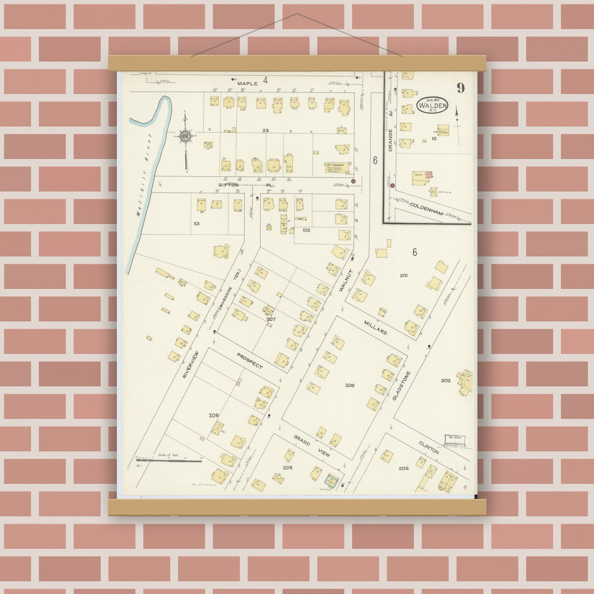 Old map wall art mockup — magnetic wood frame on brick wall — Sanborn Fire Insurance Map from Walden, Orange County, New York (1913), Sheet #0009