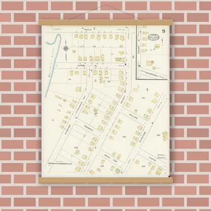Old map wall art mockup — magnetic wood frame on brick wall — Sanborn Fire Insurance Map from Walden, Orange County, New York (1913), Sheet #0009