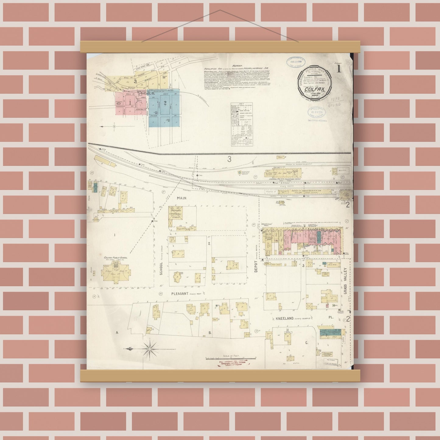 Old map wall art mockup — magnetic wood frame on brick wall — Sanborn Fire Insurance Map from Colfax, Placer County, California (1898), Sheet #0001