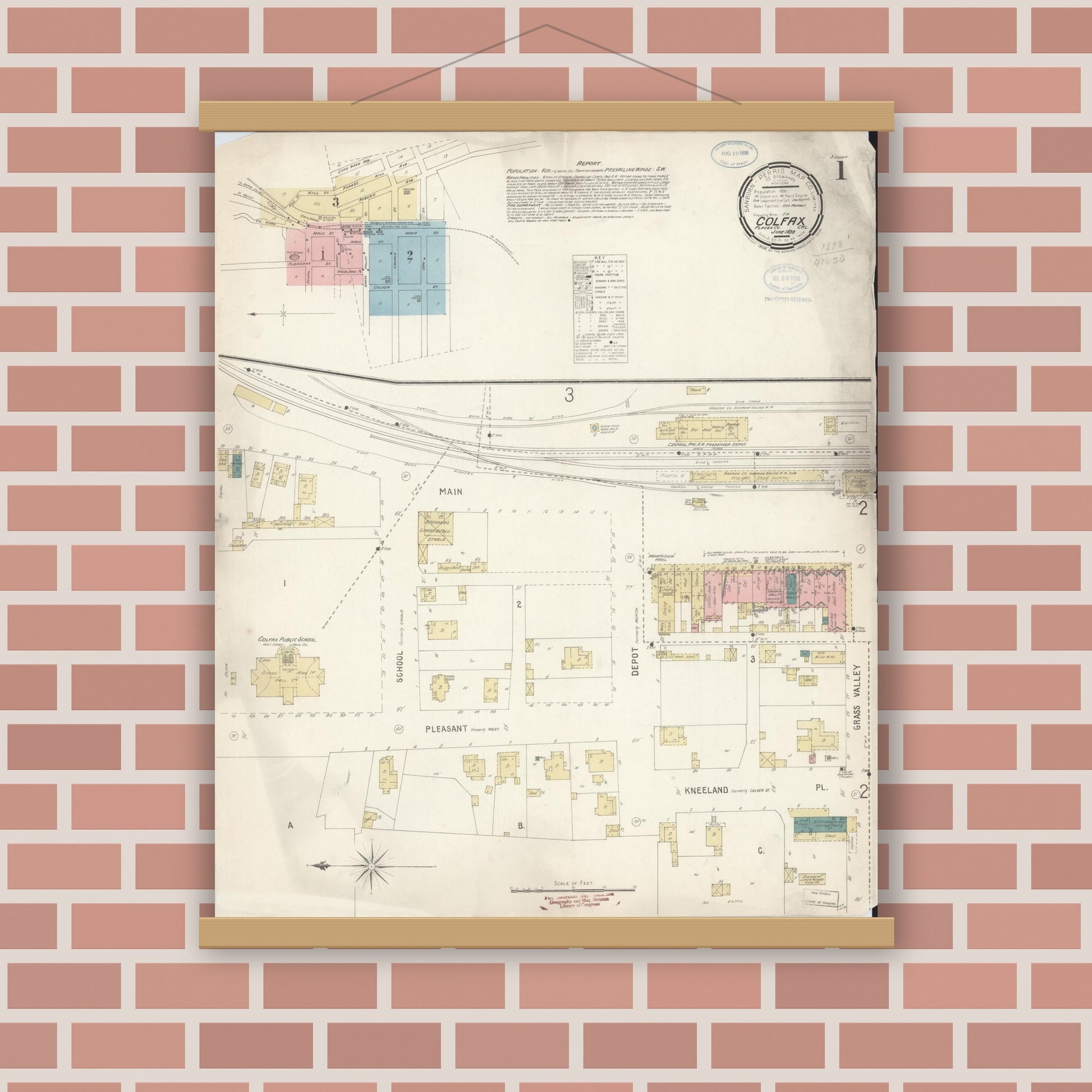 Old map wall art mockup — magnetic wood frame on brick wall — Sanborn Fire Insurance Map from Colfax, Placer County, California (1898), Sheet #0001