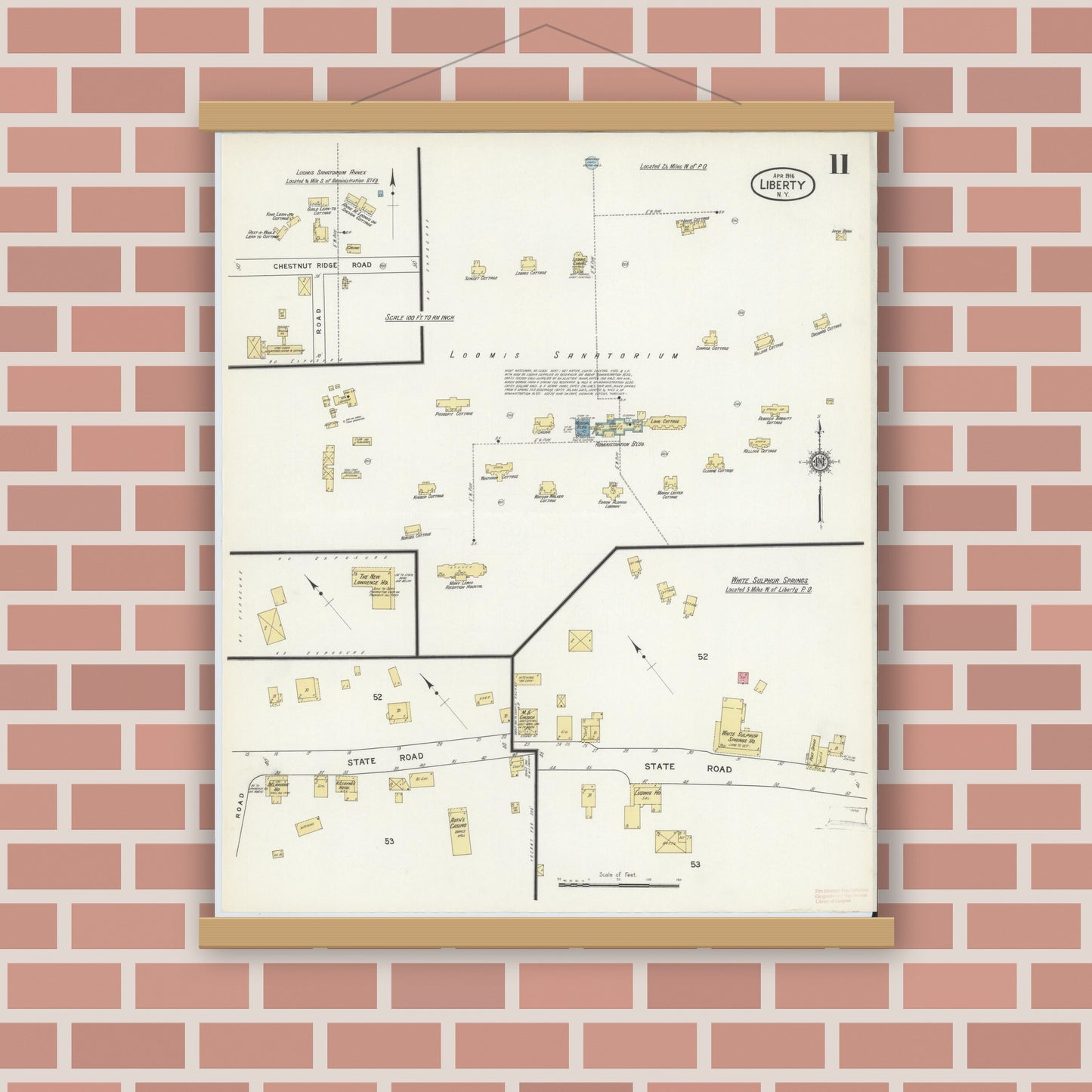 Old map wall art mockup — magnetic wood frame on brick wall — Sanborn Fire Insurance Map from Liberty, Sullivan County, New York (1916), Sheet #0011