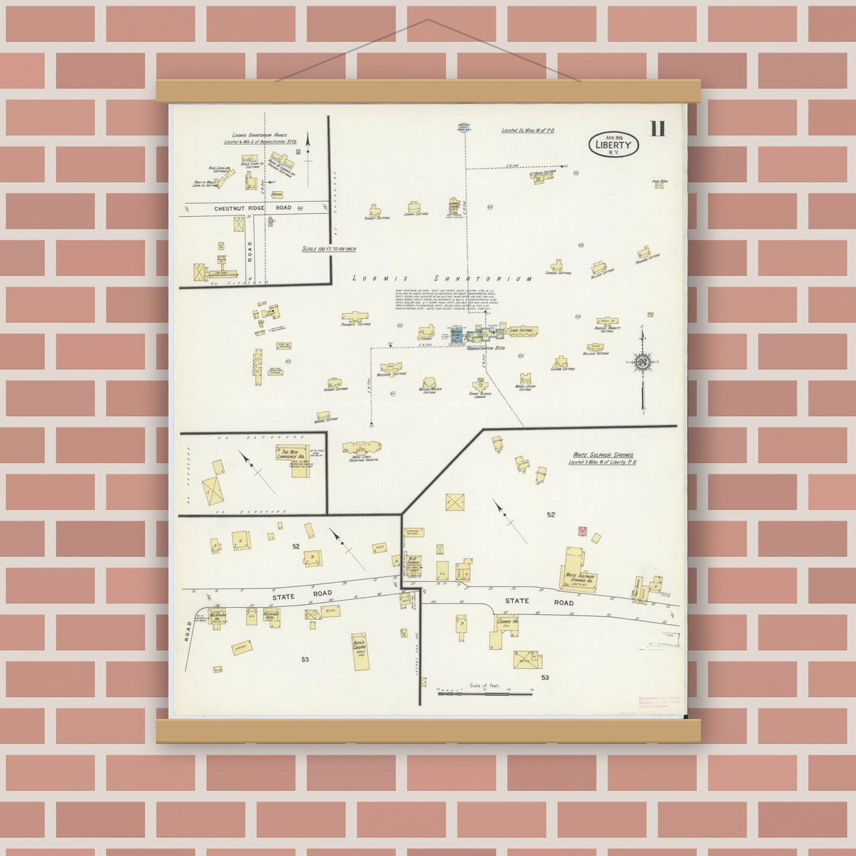 Old map wall art mockup — magnetic wood frame on brick wall — Sanborn Fire Insurance Map from Liberty, Sullivan County, New York (1916), Sheet #0011