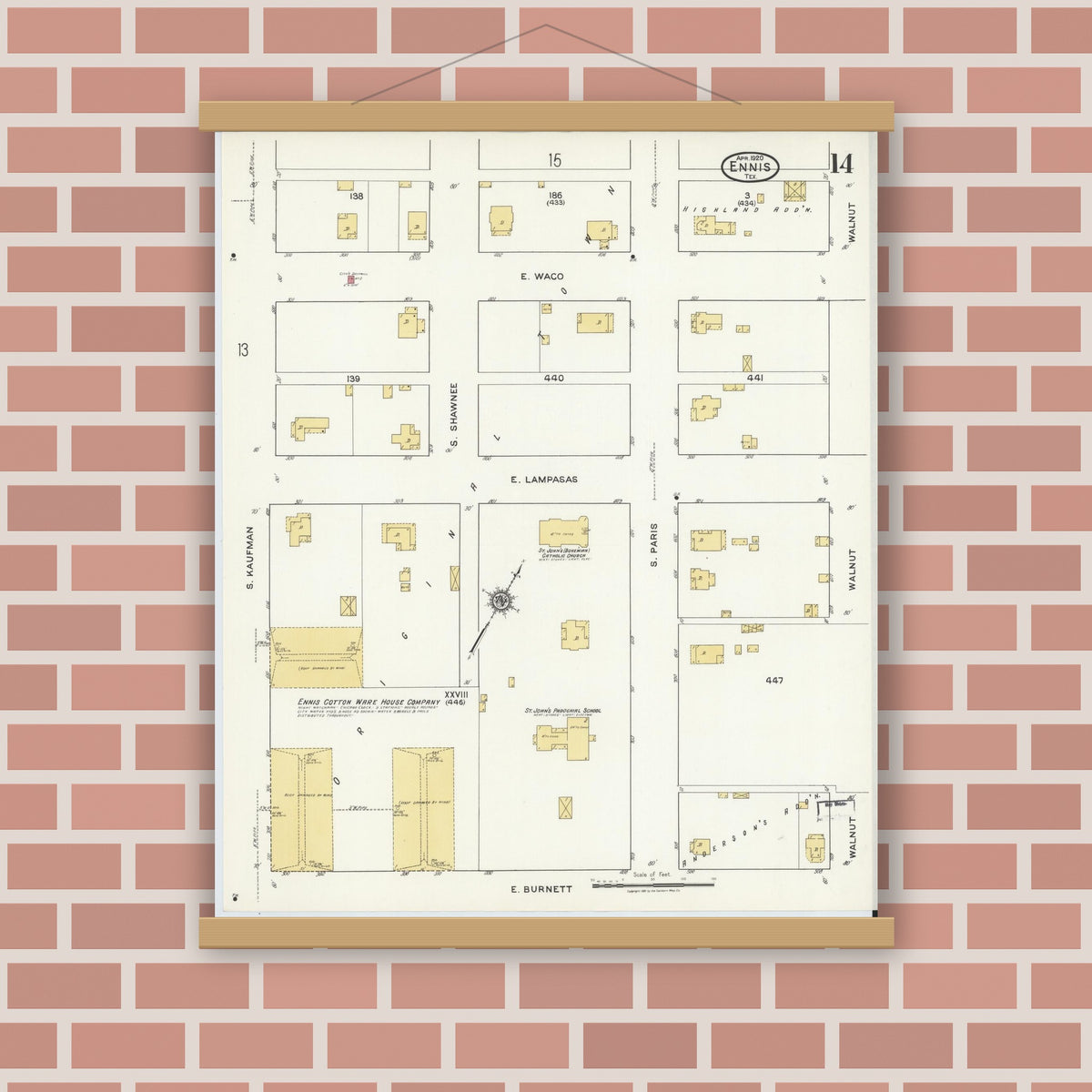 Old map wall art mockup — magnetic wood frame on brick wall — Sanborn Fire Insurance Map from Ennis, Ellis County, Texas (1920), Sheet #0014