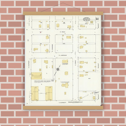 Old map wall art mockup — magnetic wood frame on brick wall — Sanborn Fire Insurance Map from Ennis, Ellis County, Texas (1920), Sheet #0014