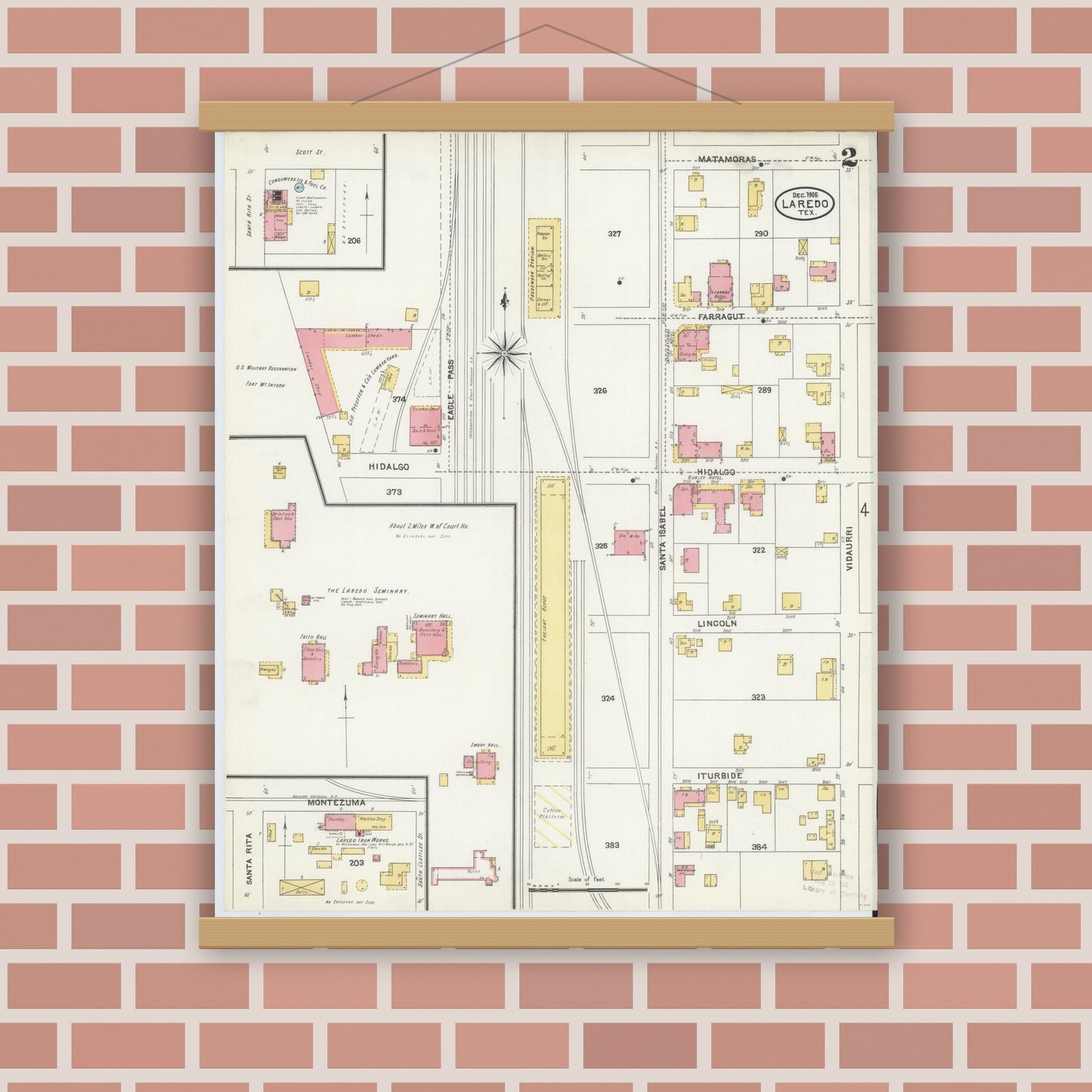 Old map wall art mockup — magnetic wood frame on brick wall — Sanborn Fire Insurance Map from Laredo, Webb County, Texas (1905), Sheet #0002