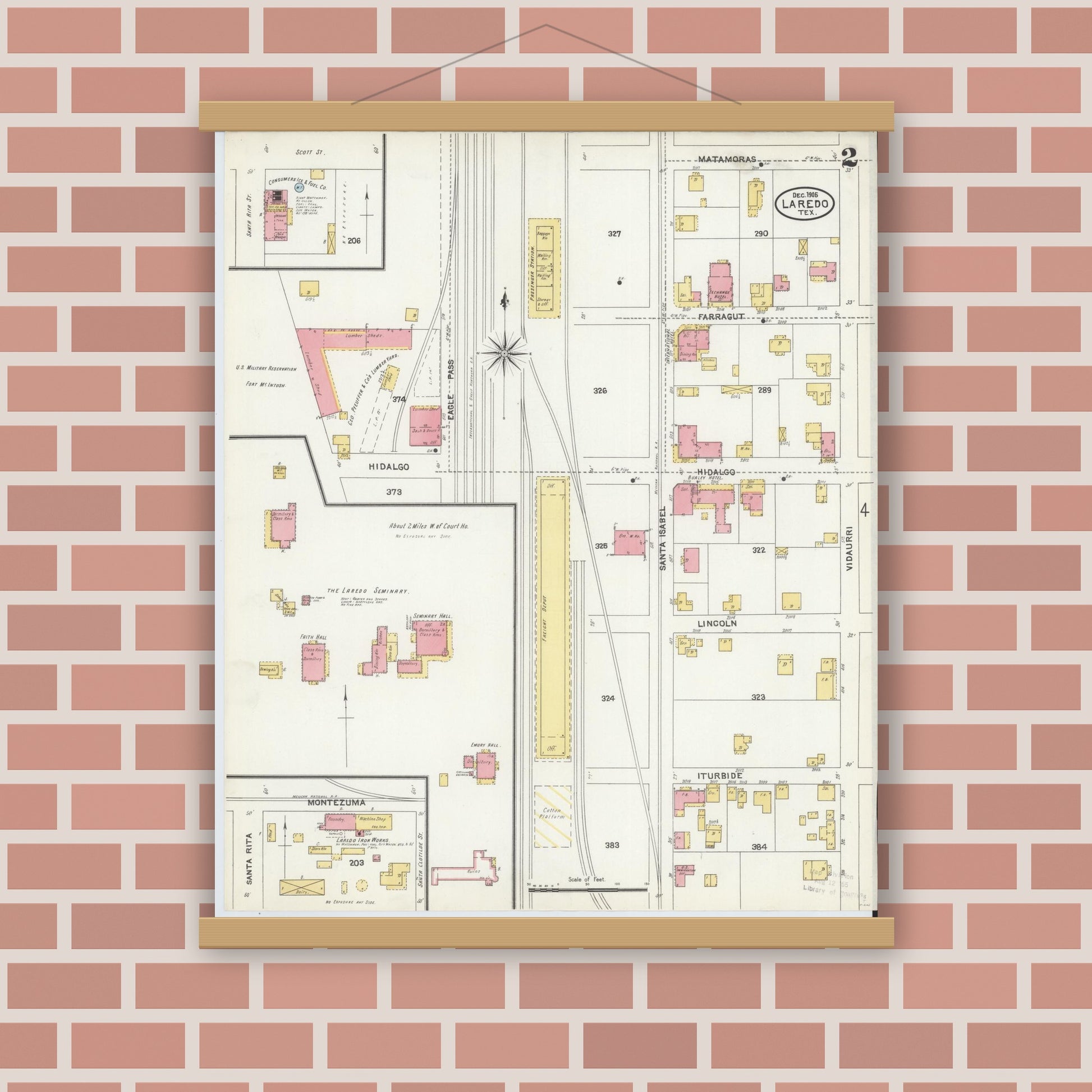 Old map wall art mockup — magnetic wood frame on brick wall — Sanborn Fire Insurance Map from Laredo, Webb County, Texas (1905), Sheet #0002